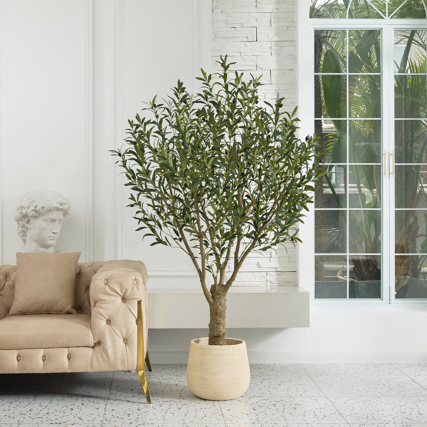 DR.Planzen Artificial Olive Tree, 6FT Tall Silk Faux Olive Tree with Massive Trunk Base, UV Resistant Black Plastic Potted Plant for Home Office Decor