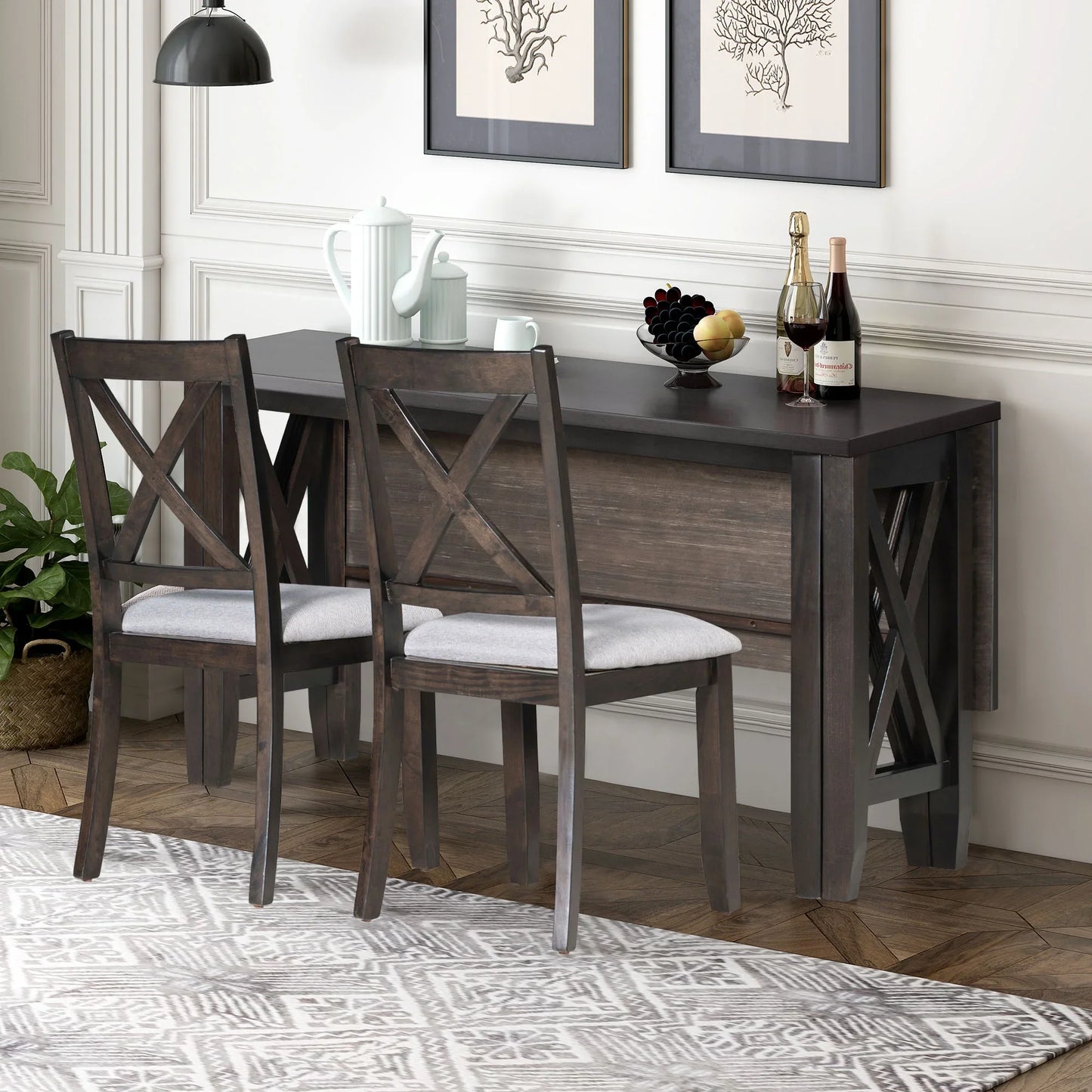 Churanty Farmhouse Dining Table Set for 6, Kitchen Foldable Dining Table with 4 Upholstered Chairs and Bench, Espresso