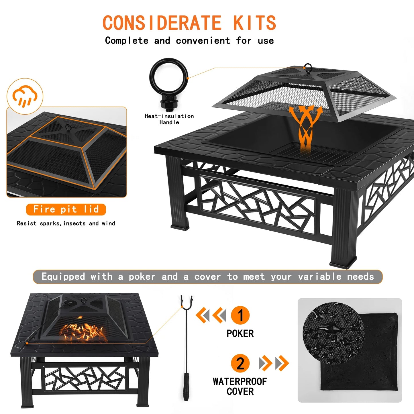 UHOMEPRO 32" Square Fire Pit Table, Portable Wood Burning Outdoor Firepit with Grill & Accessories, Geometric Design for Patio, Backyard, Camping (Black)