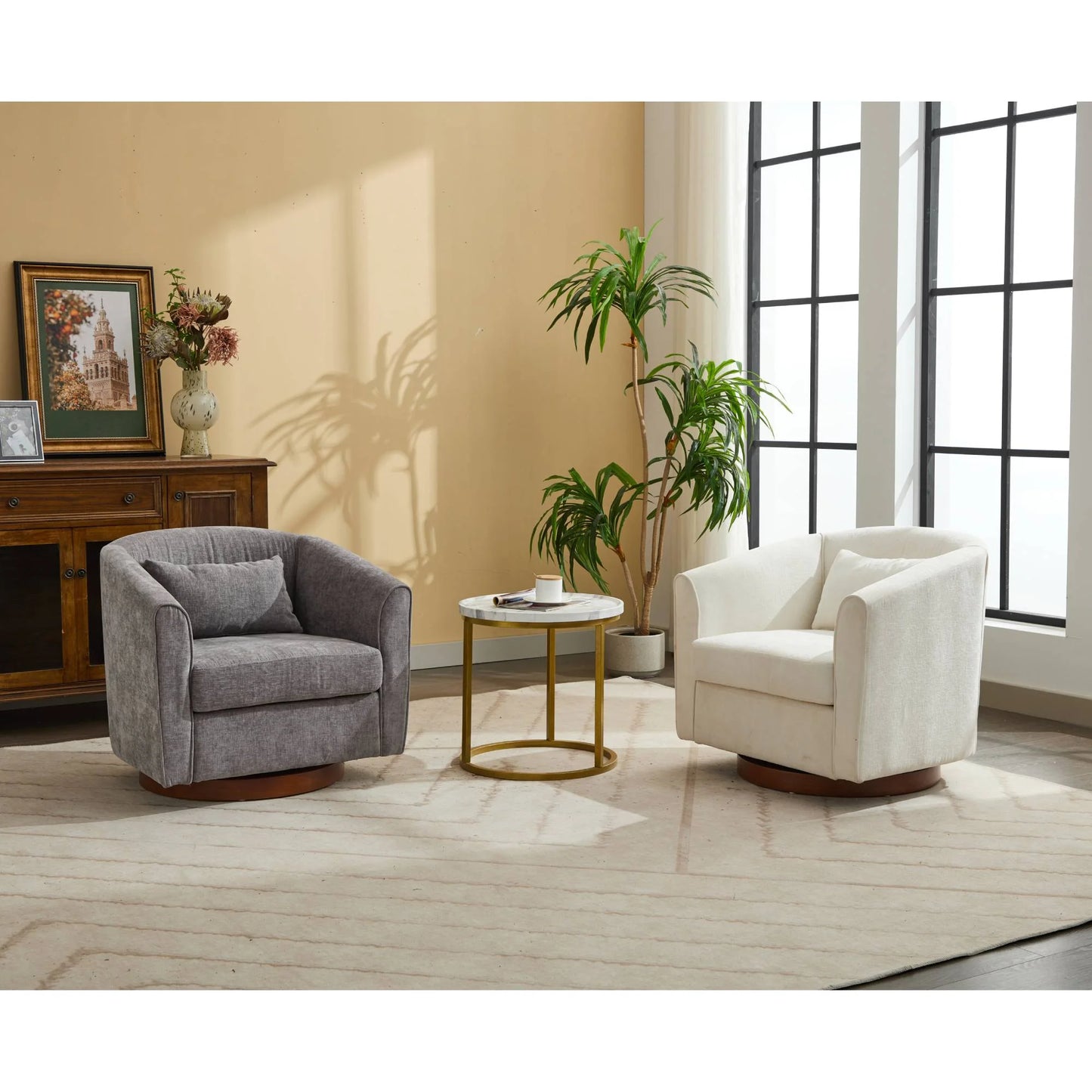 Swivel Accent Chair Upholstered Barrel Chair with Wood Base Modern Comfy Sofa Chair Armchair For Living Room, Bedroom, White