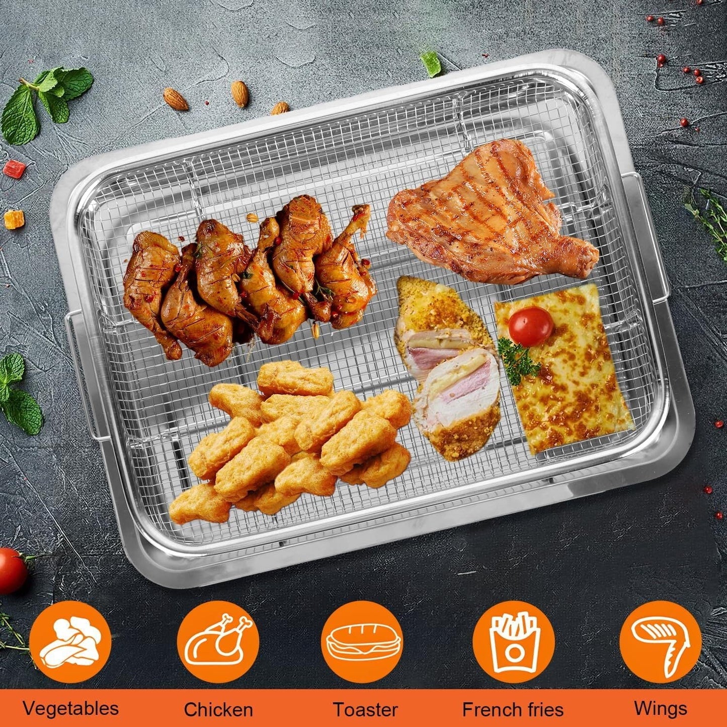 Air Fryer Basket for Oven, Large 11.8" x 15.7" Oven Air Fryer Basket and Tray Set, Stainless Steel Air Fryer Pan and Crisper Tray for Baking Grilling (Silver)