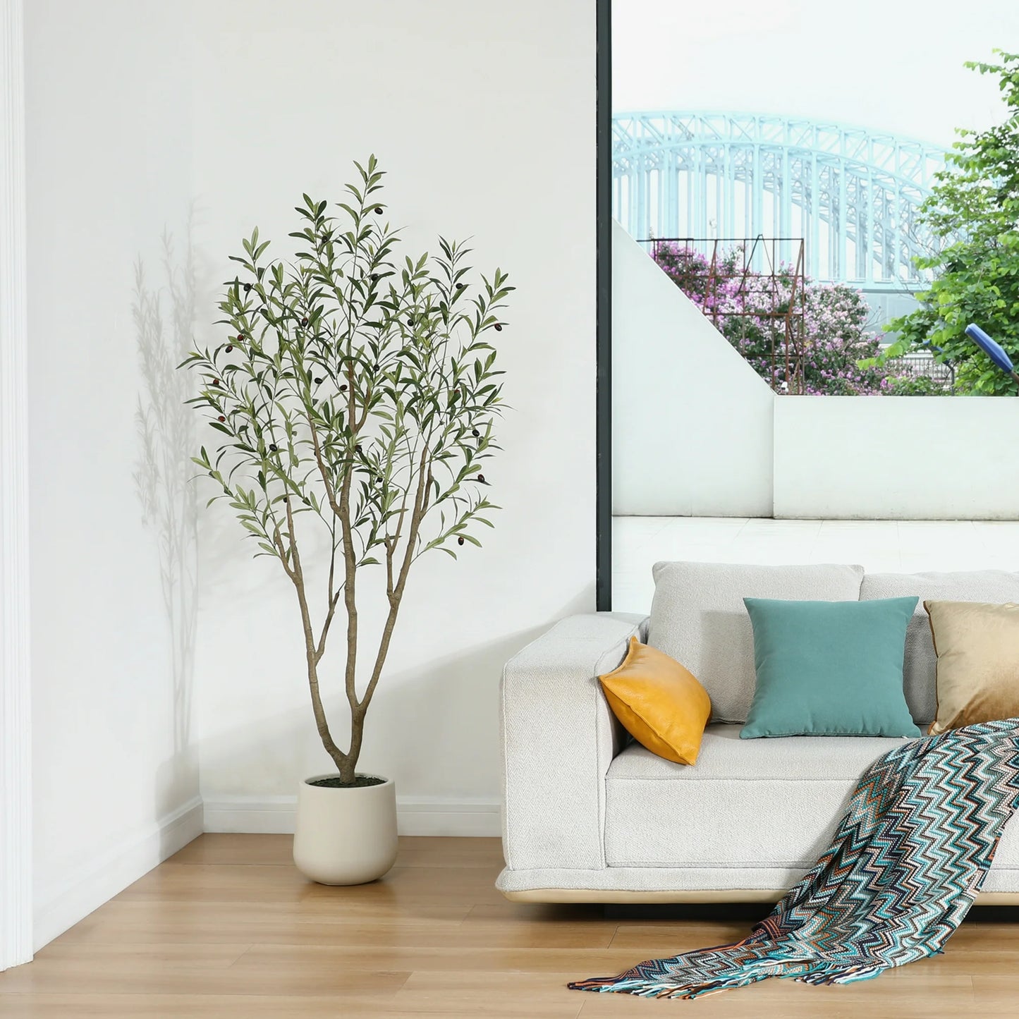 6ft Fake Plastic Olive Tree with Oval White Planter, Pre Potted Faux Greenry Plant for Home Decor Office House Living Room Indoor Outdoor, Big Fake Plants Fake House Plants