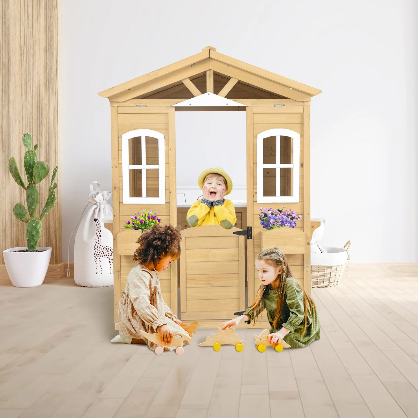 Outdoor Playhouse Wooden Playhouses for Toddlers Ages 4-8 with Flowerpot Holder, Mailbox, Outdoor Toy Playset for Kids Gift outside or inside, 39" L x 38"L x 55.5" L
