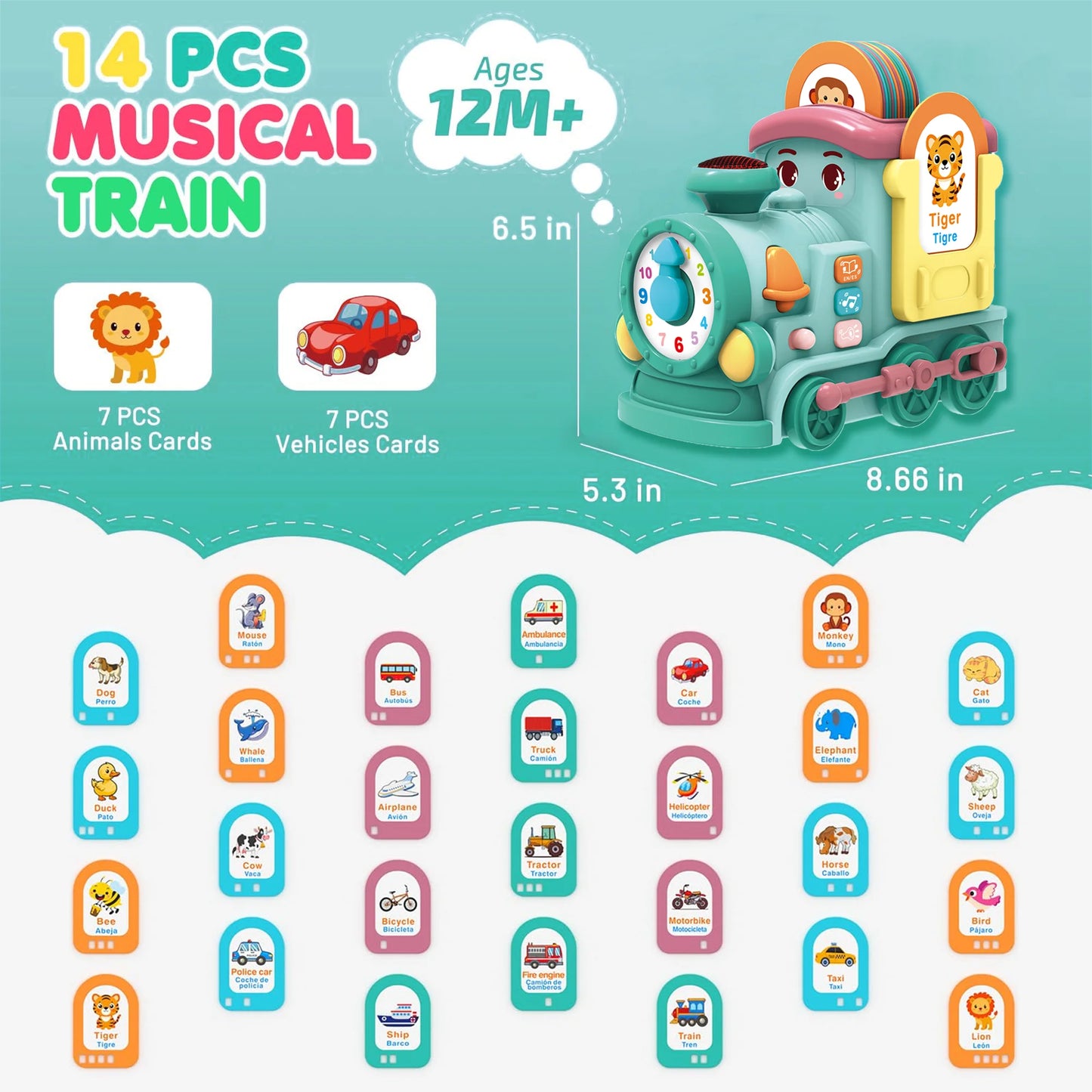 Richgv Musical Train Toy with Talking Flash Cards, Montessori Toys for 1 Year Boys Girls Gift, Crawling Toddler Toys Learning Toys with Music Sound
