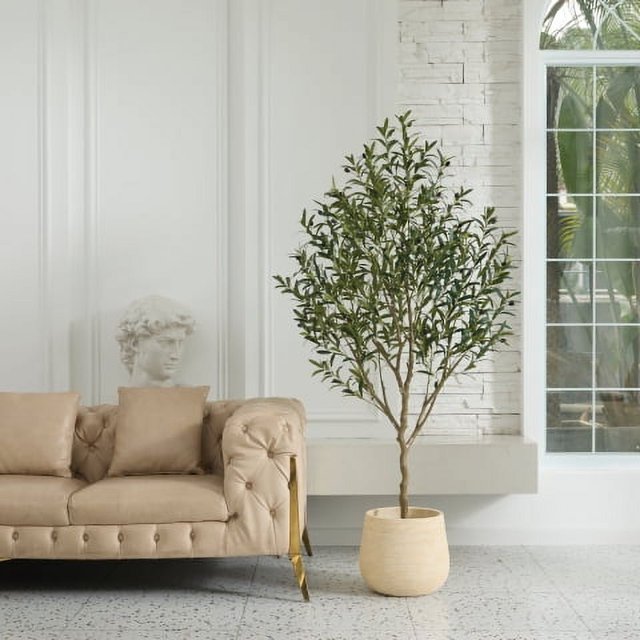 DR.Planzen Artificial Olive Tree, 6FT Tall Silk Faux Olive Tree, UV Resistant Black Plastic Potted Plant for Home Office Decor