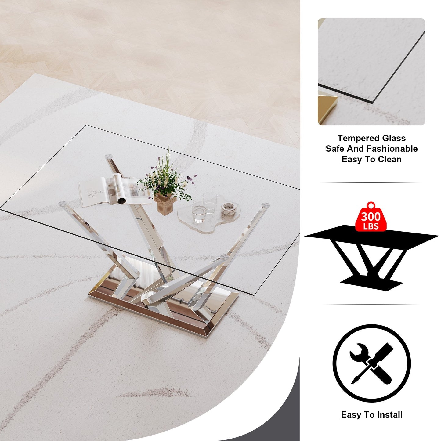 63" rectangele Glass Dining Table Sets for 6,Modern Dining Table with Silver base and 6 Silver Leg PU Chairs Room Set for Kitchen Dining Room,Living room,Glass table and White Chairs