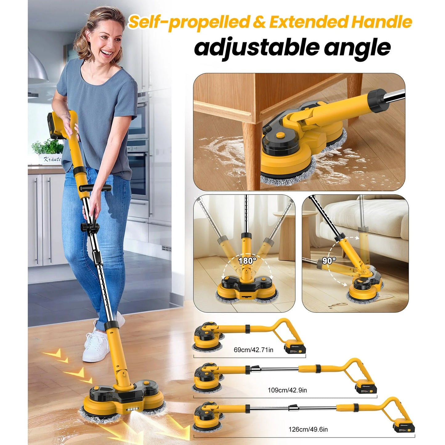 Amiluo Cordless Electric Mop, with LED Headlight & Water Sprayer, Dual-Motor Powerful Spin Mop with 300ML Water Tank, Self-Propelled, Effortless Clean & Waxing