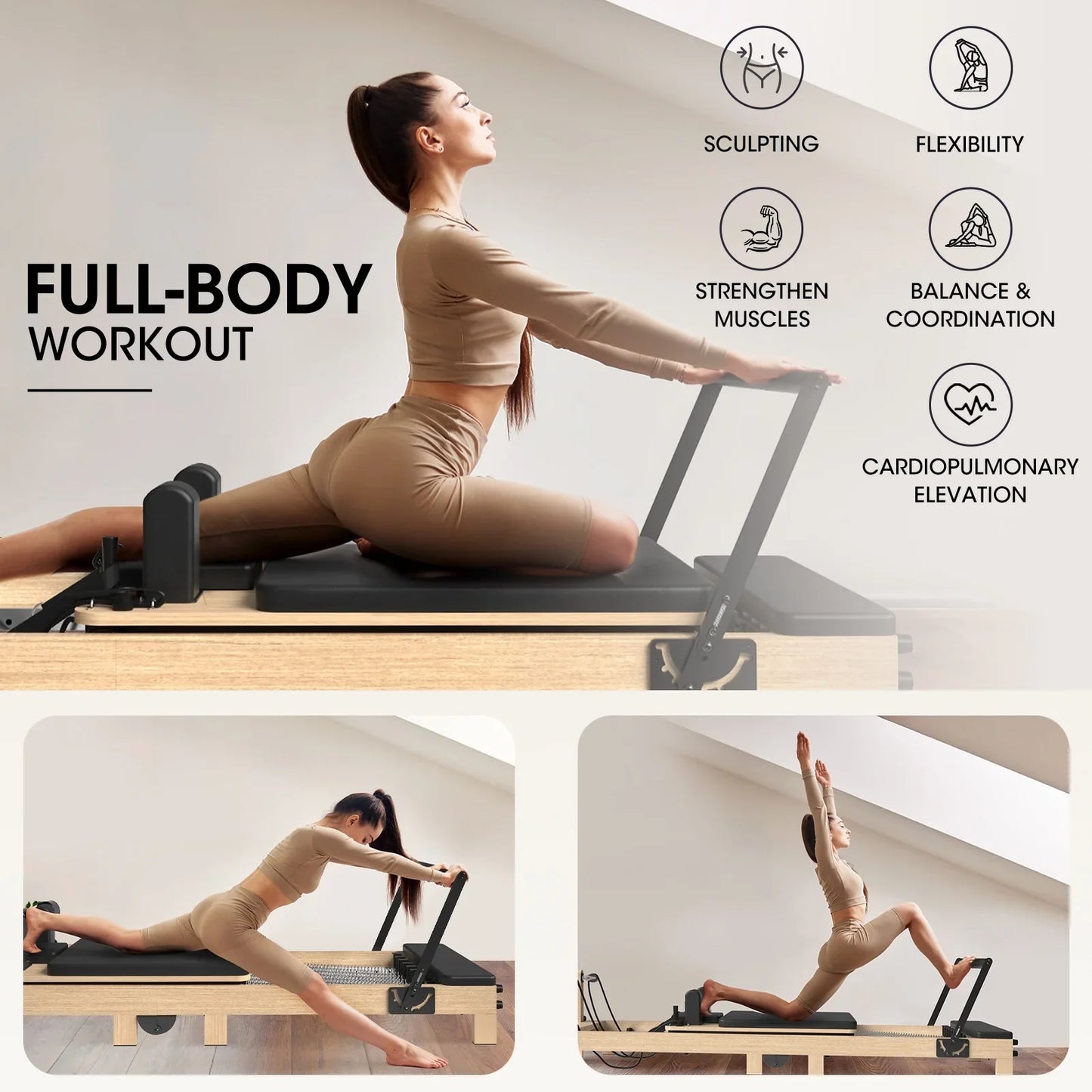 Syedee Pilates Reformer Machine, Wood Pilates Machine Bed Yoga Exercise Strength Training Equipment for Home Workout