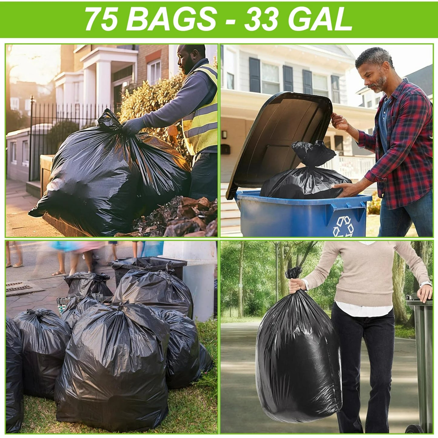 30-33 Gallon Trash Bags (75 Cout) ,32"x39" Black Garbage Bags ,Garbage Can Liners with Tying Ropes