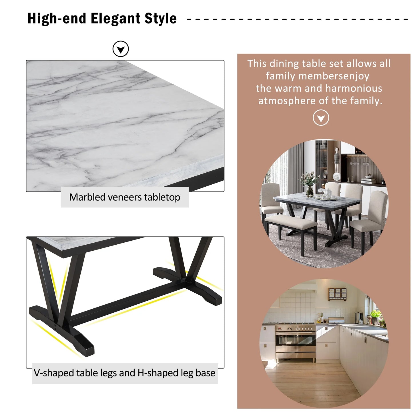 EUROCO 60" 6-Piece Dining Table Set,Dining Room Set with Marbled Tabletop,V-shaped Table Legs,Bench and 4 Cushioned Chairs,Solid Wood Rectangular Table and Chair Set, Kitchen Table Set