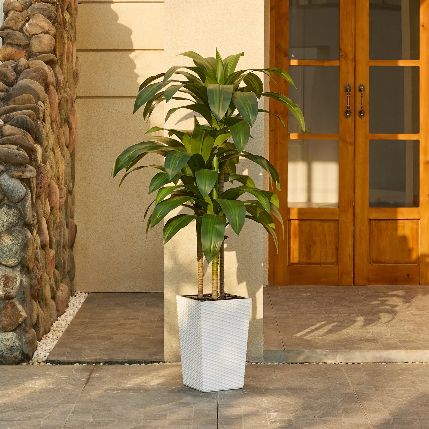 DR.Planzen Artificial Dracaena Tree 5ft - UV Protected Faux Dracaena Plant with 57 Green Leaves, Fake Tree for Indoor Outdoor Use, Sturdy Tall White Planter with River Stones