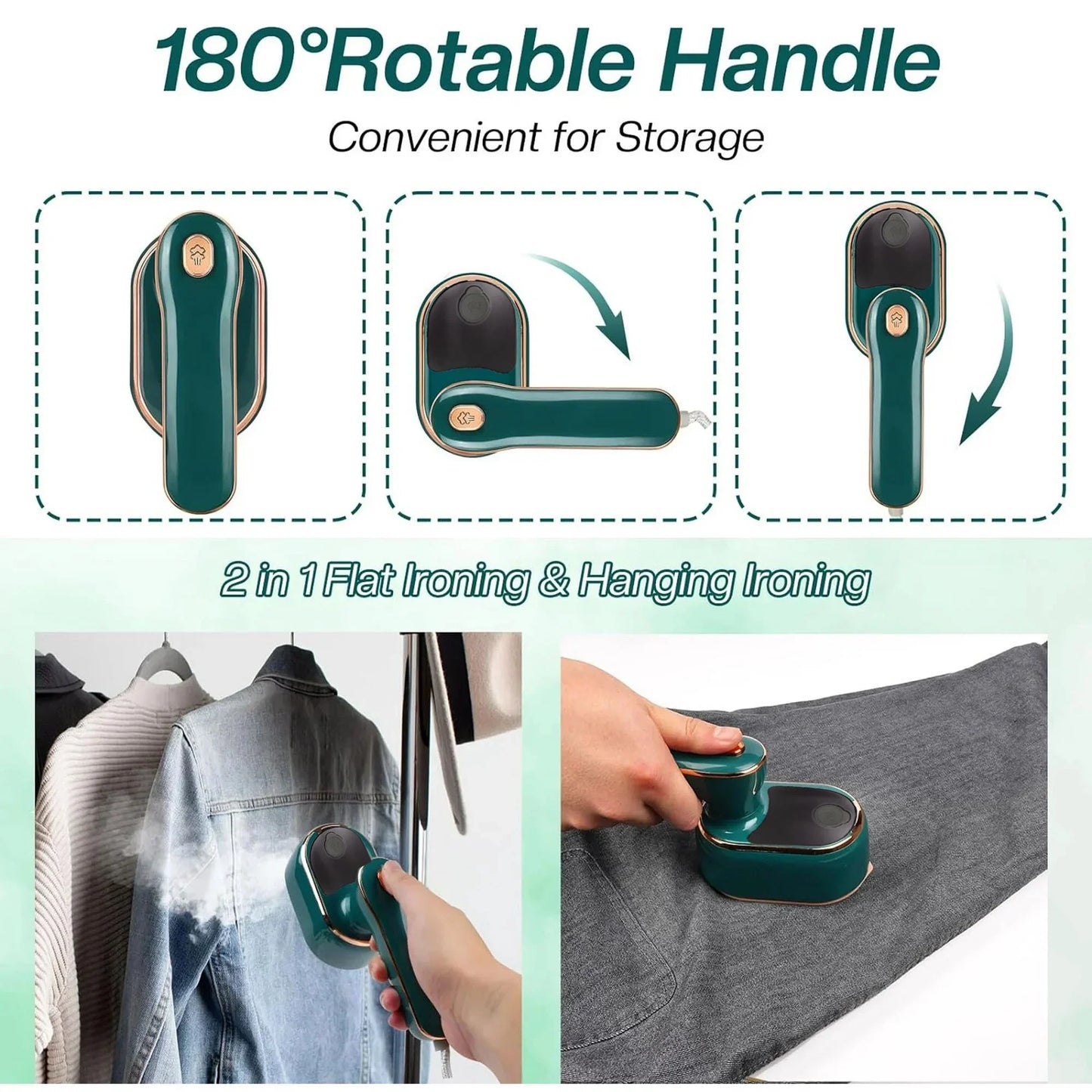 ARCTICICE Portable Garment Steamer with Wet Dry Ironing 180¡ã Rotable Handle 970W Steamer for Clothes, Green