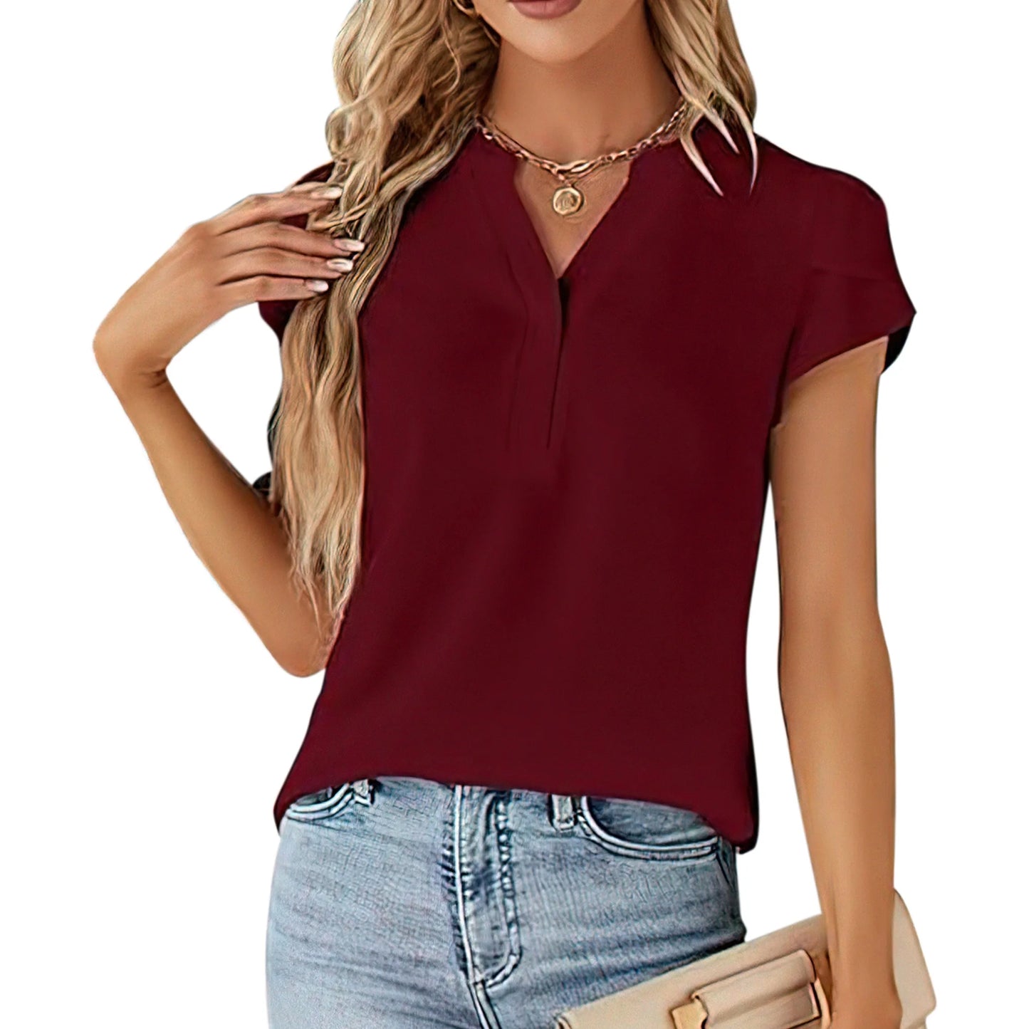 VDJ Womens Blouses Short Sleeve Button V Neck Business Casual Going Out Tops Trendy Red T Shirts Size L