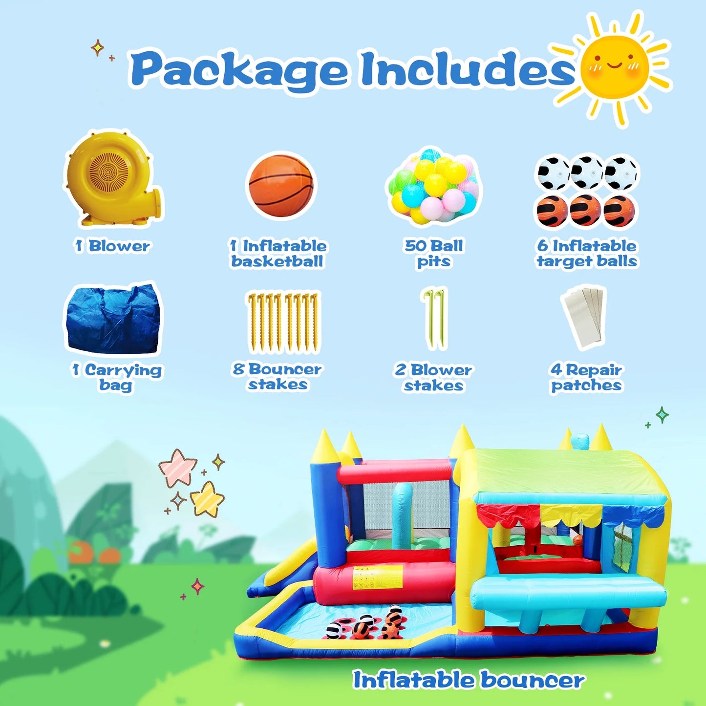 COCLUB Inflatable Bounce House, Bounce House for Kids 3-6 with Blower, Slide, Ball Pit, 50 Ocean Balls, Indoor/Outdoor Jump House for Birthday Party Gifts