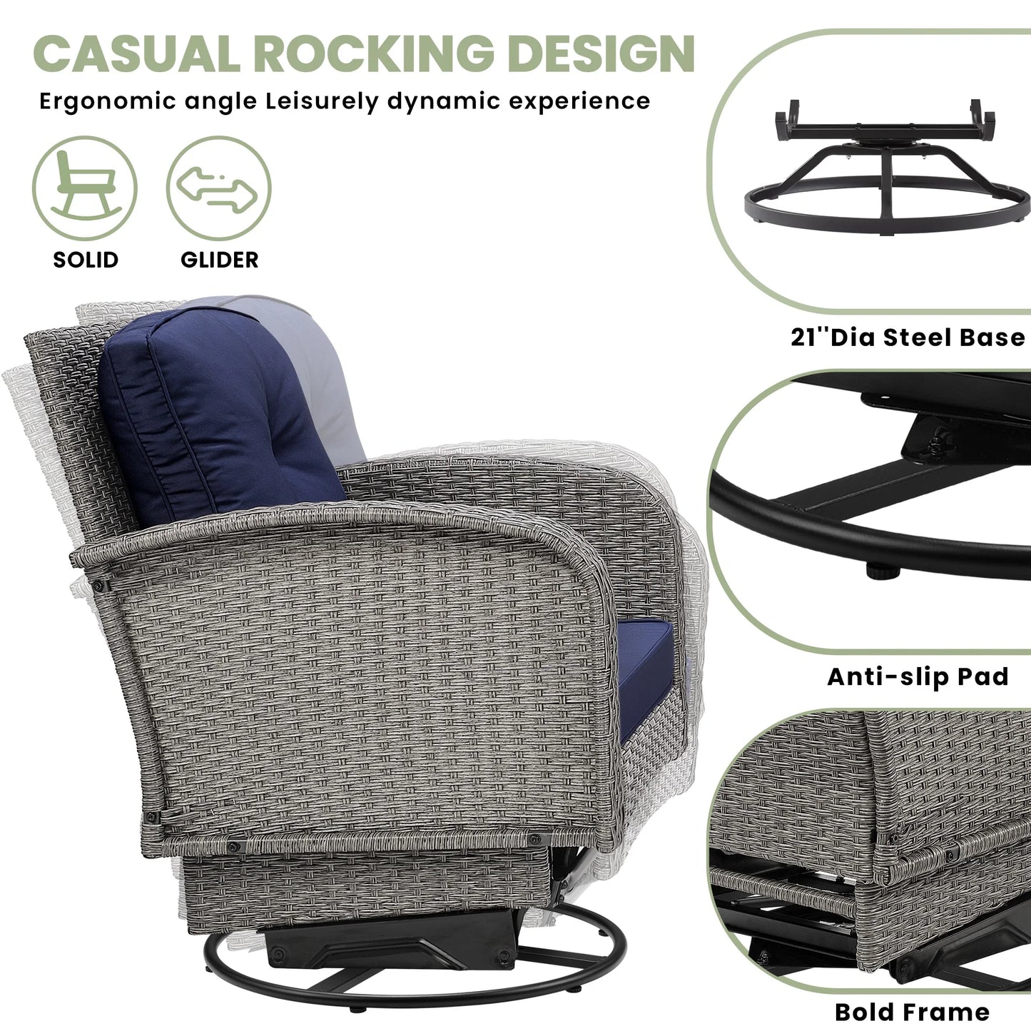 Segmart 3-piece Patio Furniture Set, Outdoor Conversation Set Swivel Rocking Chairs for Patio Porch Deck, with Coffee Table & Thickened Cushions