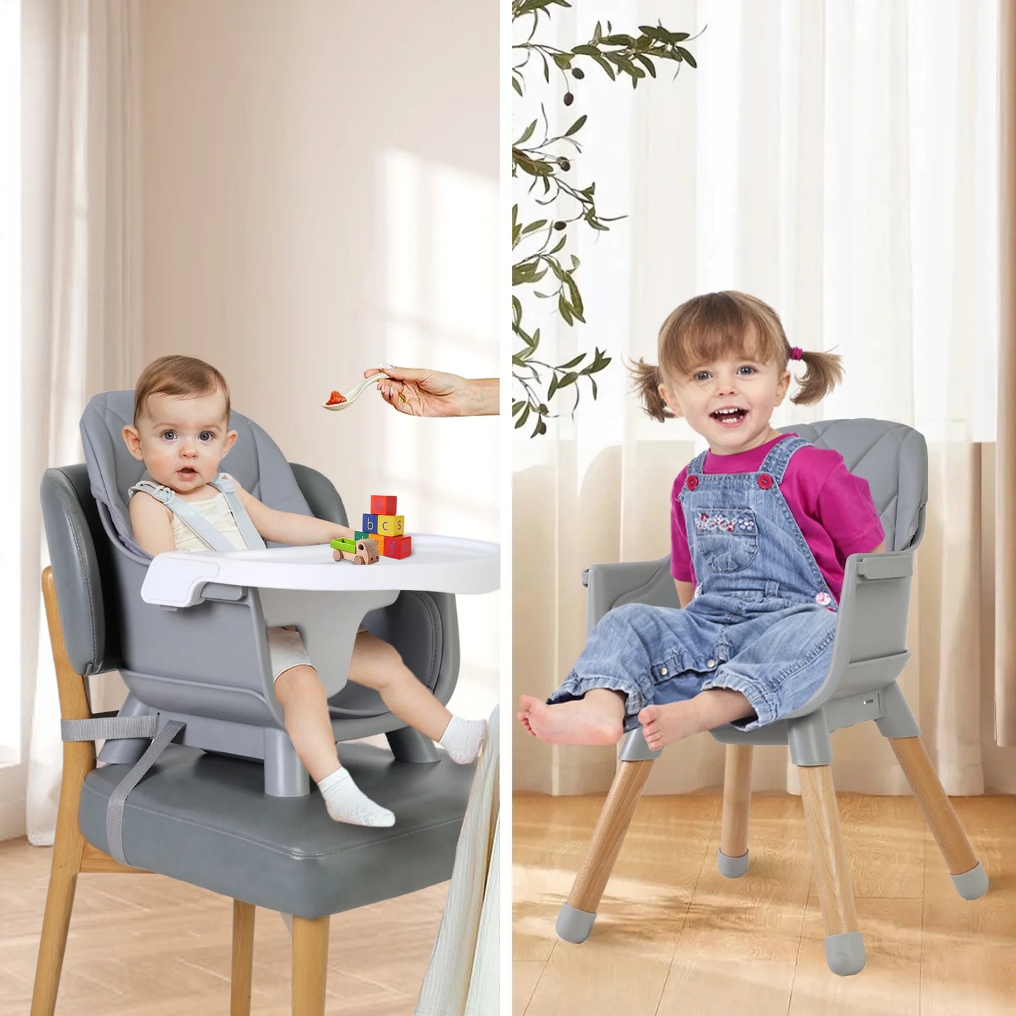 AILEEKISS 7 in 1 Wooden Baby High Chair forToddler, Infant Feeding Chair with Removable Tray