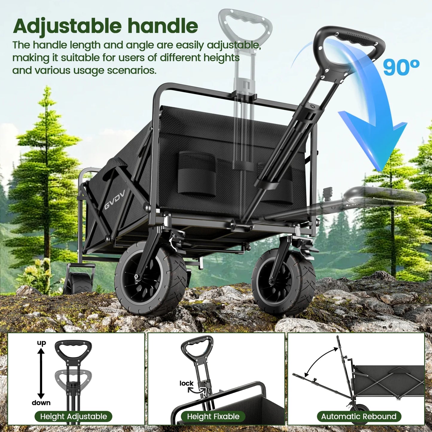 GVDV Collapsible Folding Wagon, 550LBS Large Heavy Duty Utility Cart with All-Terrain Wheels and Adjustable Handles for Shopping, Camping, Sports, Outdoor, Beach, Black