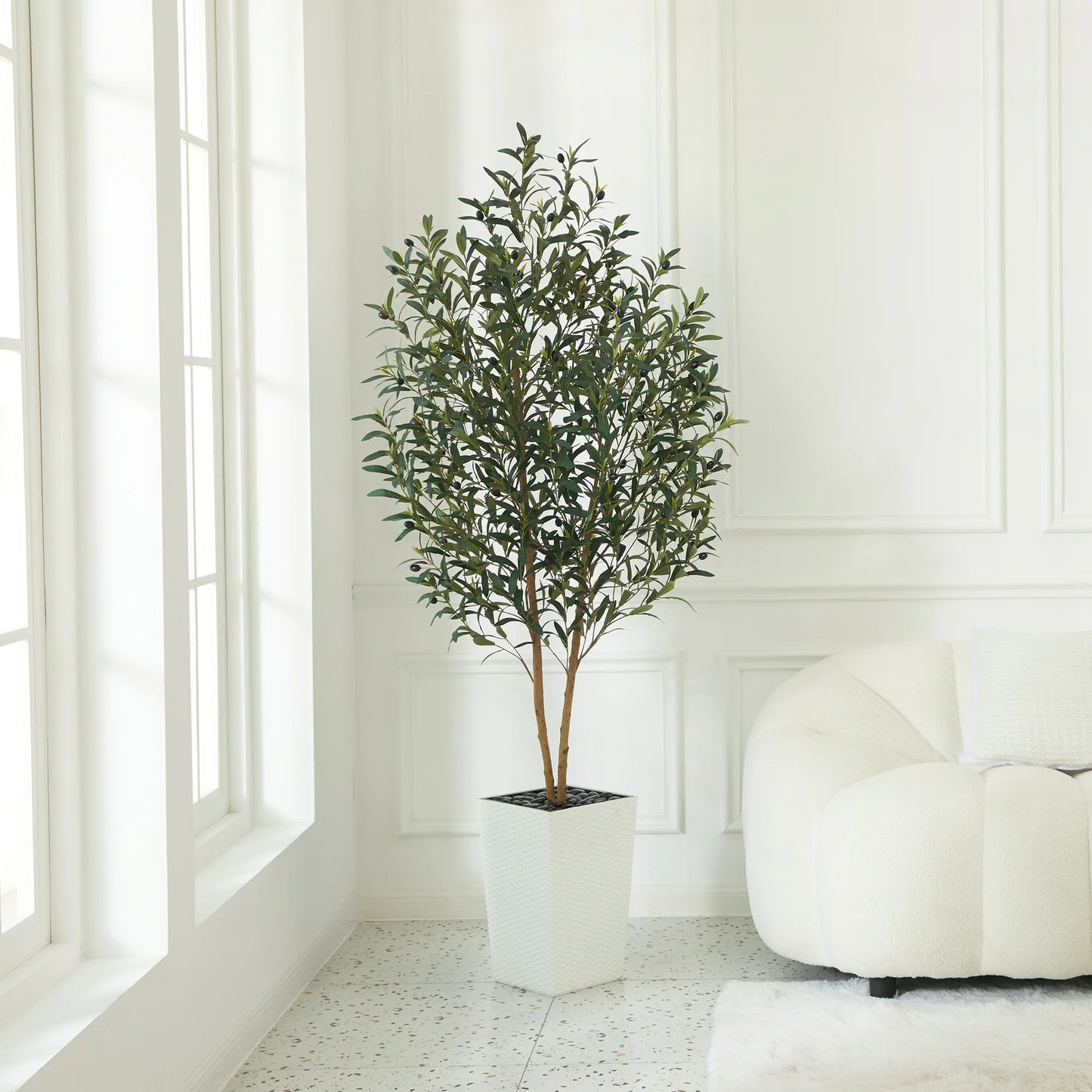 DR.Planzen 6FT Tall Artificial Olive Tree with Tall White Planter, UV Resistant Silk Leaves Real Wood Trunk | Home Office House Outdoor Decor