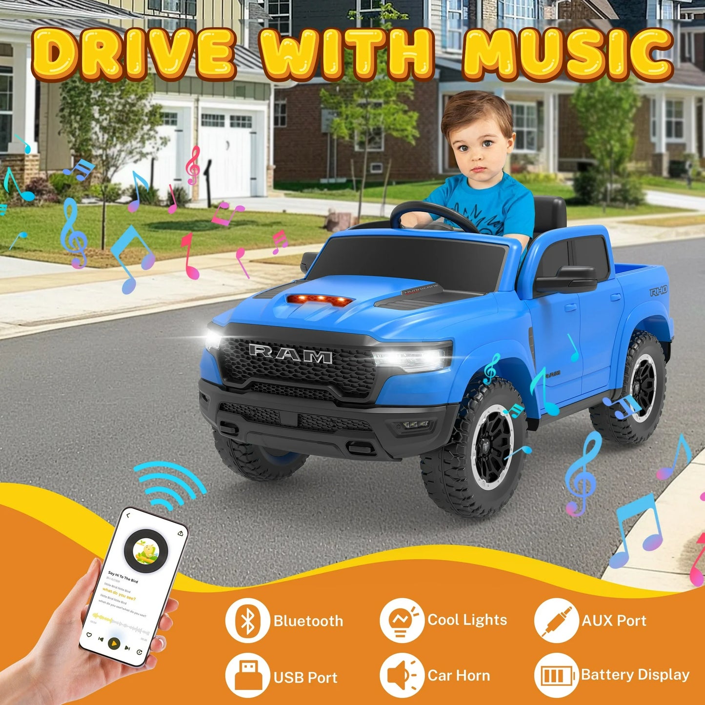RAM Ride on Car, 12V Powered Ride on Toy with Remote Control, 4 Wheel Suspension, 5 Point Safety Belt, MP3 Player, Bluetooth, LED Lights, Electric Cars for 3-6 Years Boys Girls, Blue