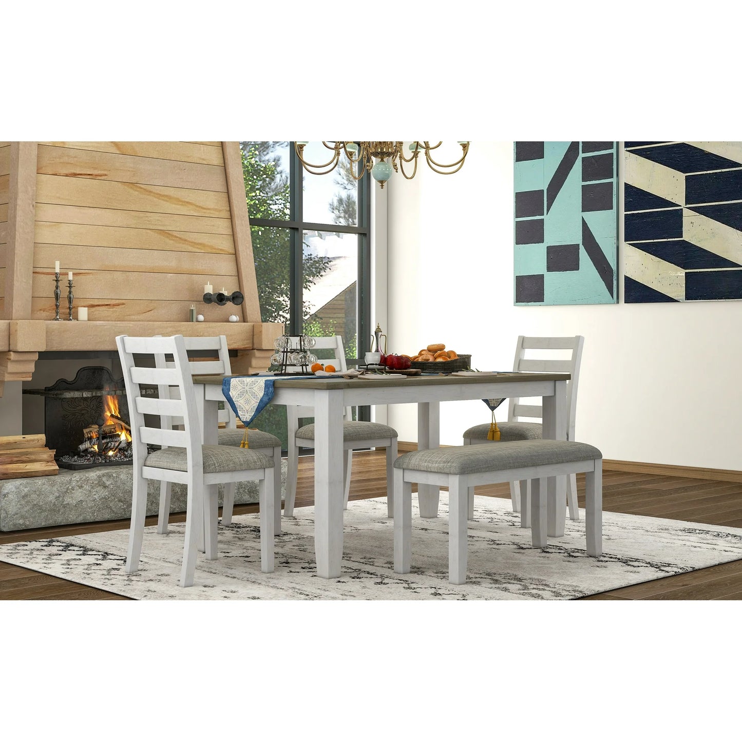 EUROCO Rustic Style 6-Piece Dining Room Table Set with 4 Upholstered Chairs & a Bench