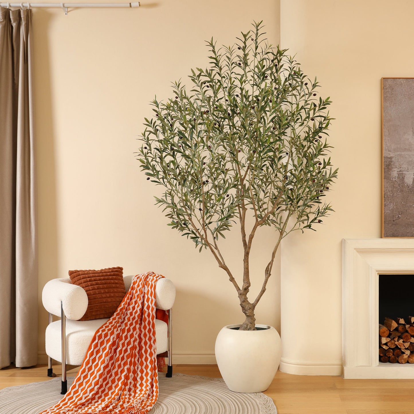 8ft Artificial Olive Tree with 18 inch White Planter, Tall Fake Olive Trees for Indoor, Faux Olive Silk Tree, Large Olive Plants for Home Decor and Housewarming Gift