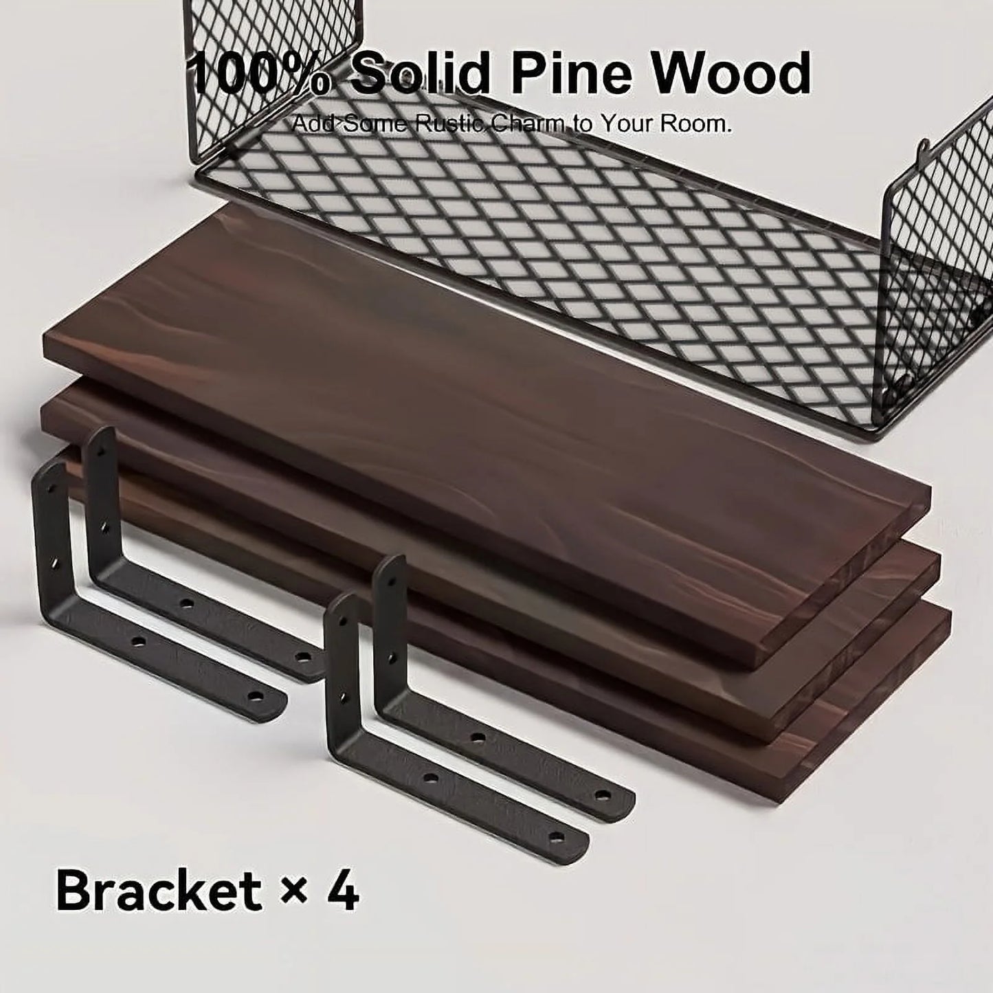 Floating Shelves, 3 Set Wall Mounted Wood Bathroom Shelves with Wire Storage Basket & Hooks, Farmhouse Floating Shelf Bathroom Accessories for Bedroom, Living Room, Kitchen, Bathroom Decor – Brown