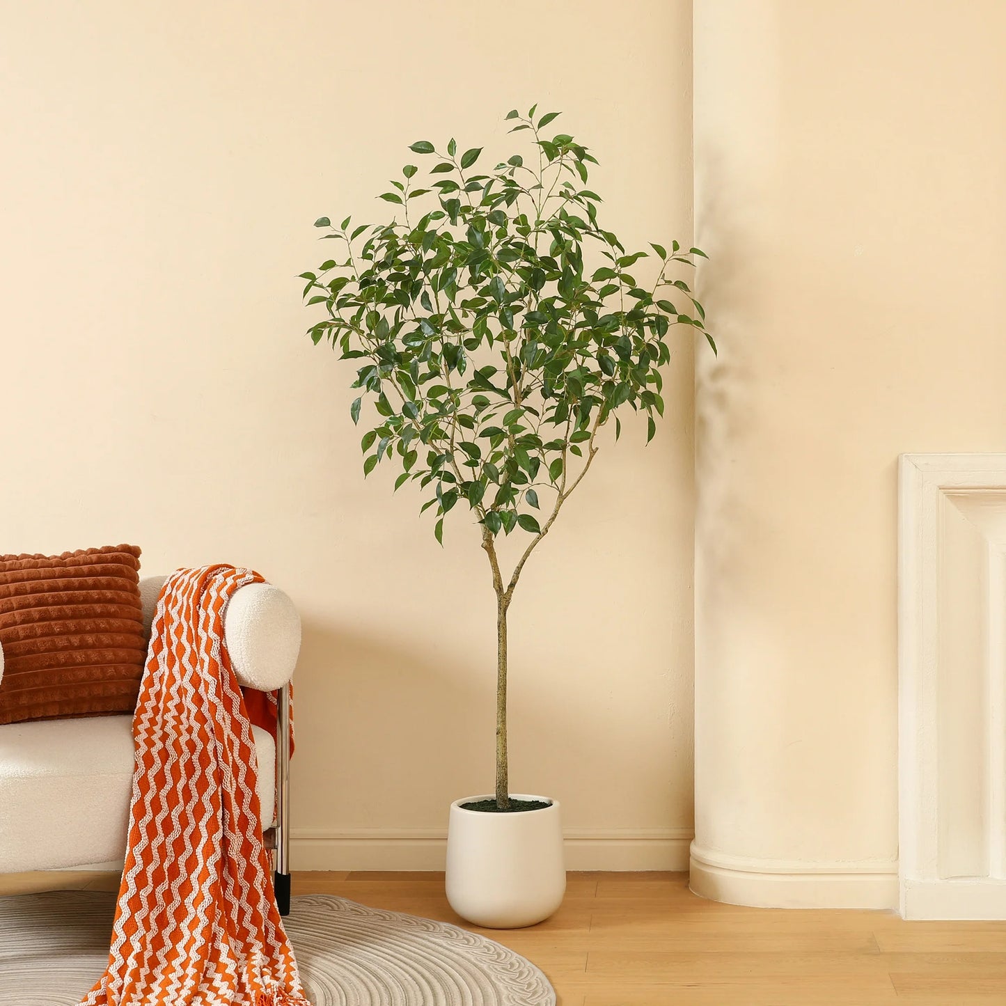 6ft Fake Ficus Tree with Oval White Planter, Pre Potted Faux Greenry Plant for Home Decor Office House Living Room Indoor Outdoor, Big Fake Plants Fake House Plants