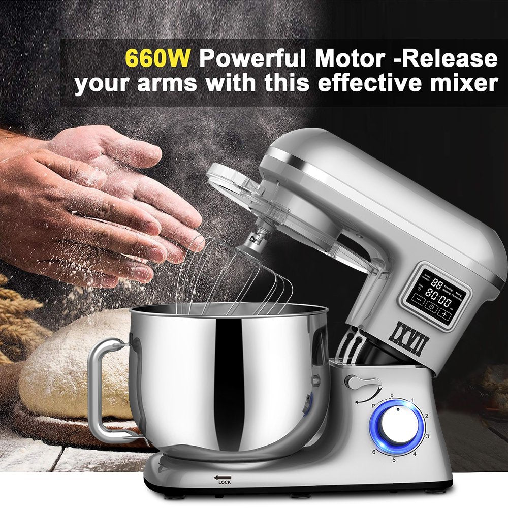 uhomepro 7.5 QT Stand Mixer for Kitchen, 6+0+P-Speed Tilt-Head 660W Dough Mixer, Home Commercial Mixing Electric Kitchen Cake Mixer W/ Dough Hook, Beater, Egg Whisk, Spatula, Dishwasher Safe, White
