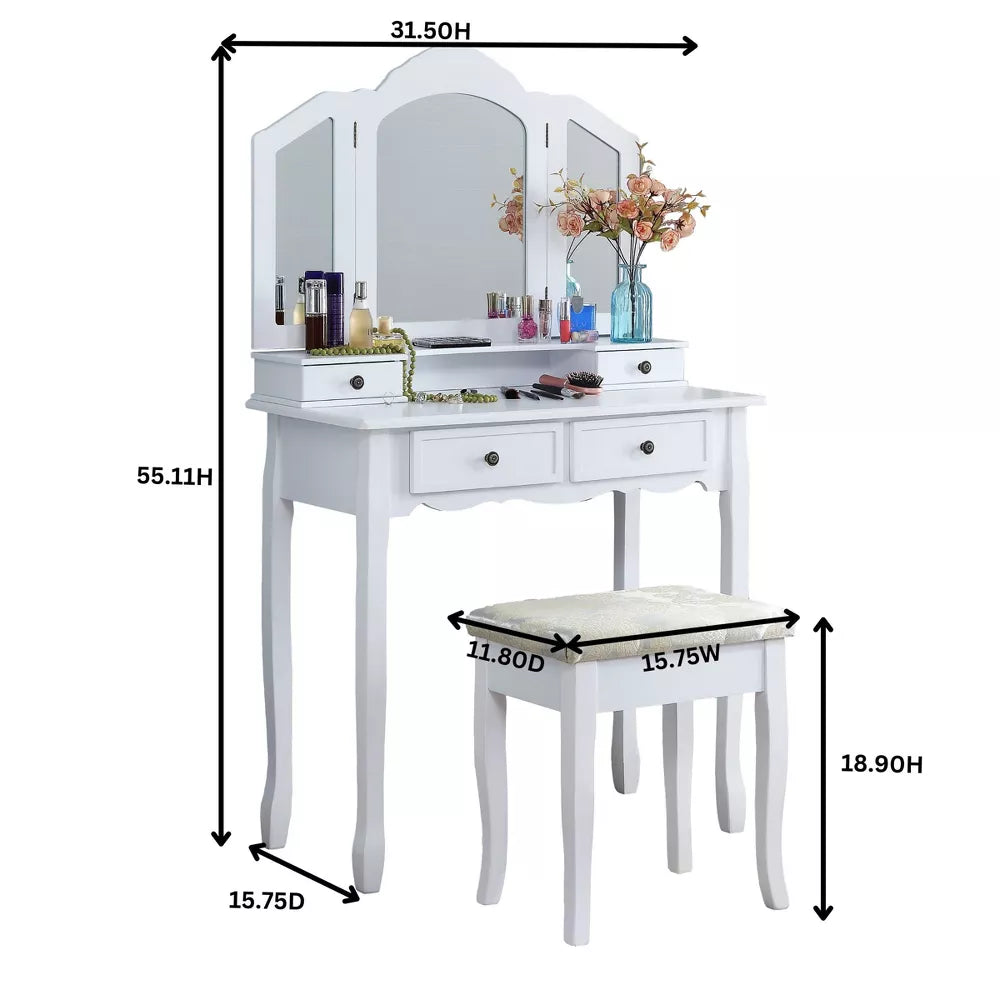 NicBex Wooden Vanity Make Up Table and Upholstered Stool Set with 3-panel Beveled Mirror for Bedroom
