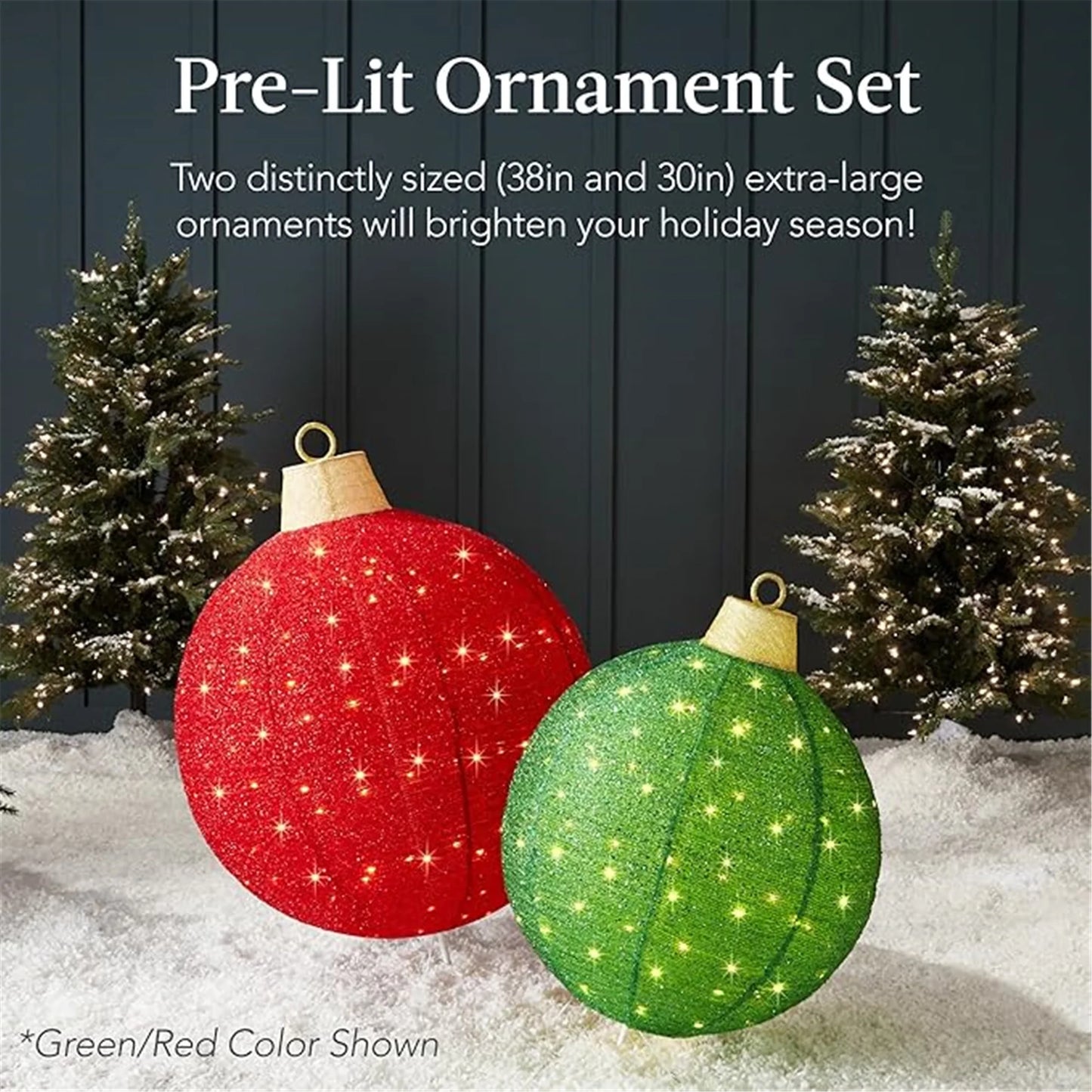 FOOWIN 3pc Lighted Christmas Ornament Set – Outdoor Holiday Decor with Warm White LED Lights, Weatherproof Metal Frame, Easy Assembly for Yard, Porch, Patio – Red, Yellow & Green