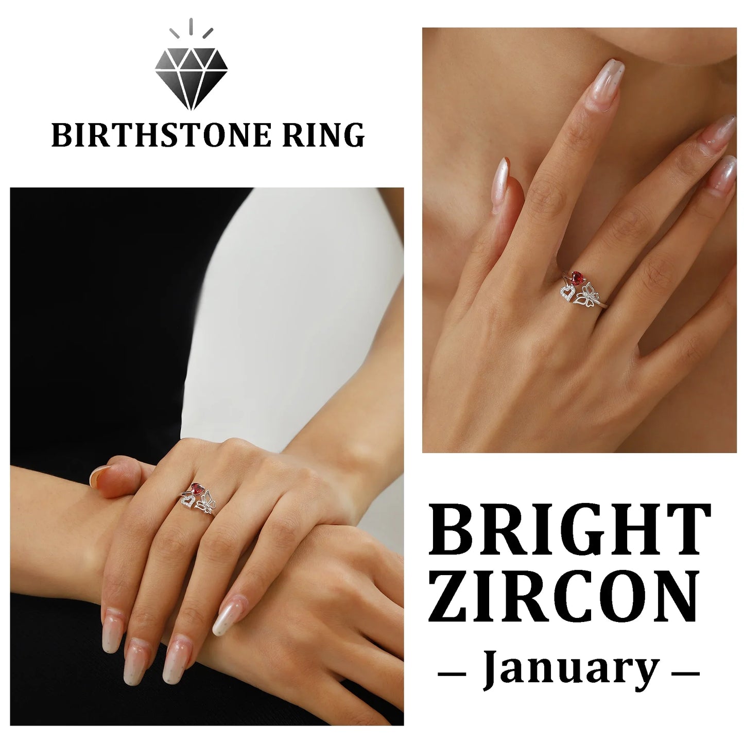 Beautlace Heart Birthstone Ring,Butterfly 925 Sterling Silver Adjustable January Garnet Birthstone Open Band Rings Birthday Christmas Valentines Mothers Day Jewelry Gifts for Women Mom