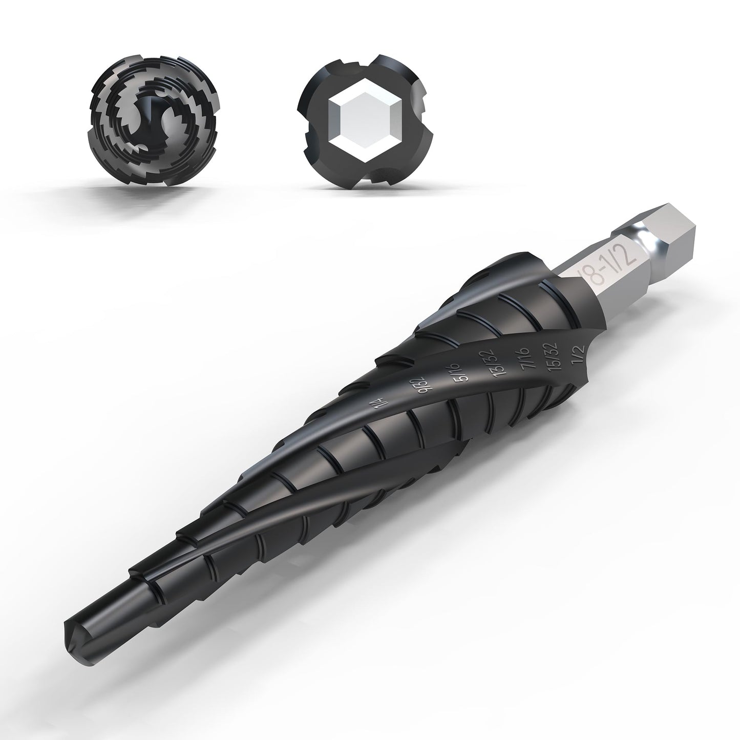 Four Spiral Flute Step Drill Bit, 1/8 - 1/2(13 Sizes) 1/4 Hex Shank Cobalt Step Drill Bit Fully Coated with TiAlN for Metal, Stainless Steel, Aluminum, Plastic