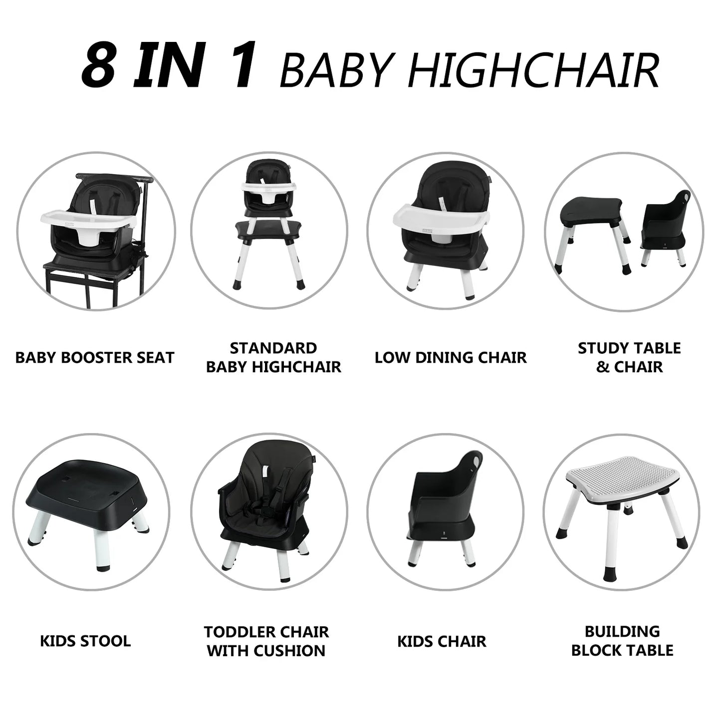 LINLUX 8 in 1 Convertible High Chair for Babies, Feeding Booster Seat for Toddlers, Black