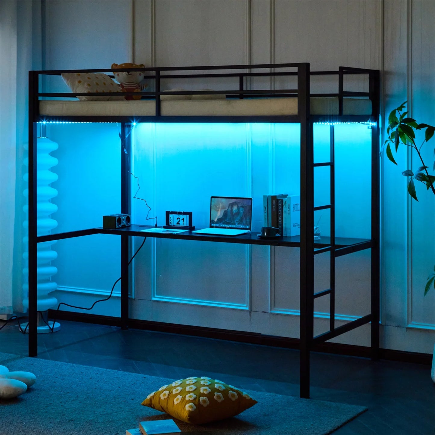Twin Metal Loft Bed Frame with LED Lights&Charging Station&Desk,Bunk Bed For Kids, Adult, No Box Spring Needed,Black