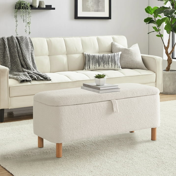 Othniel 39.5" Off-White Boucle Storage Bench Ottoman with Wood Legs for Bedroom End of Bed