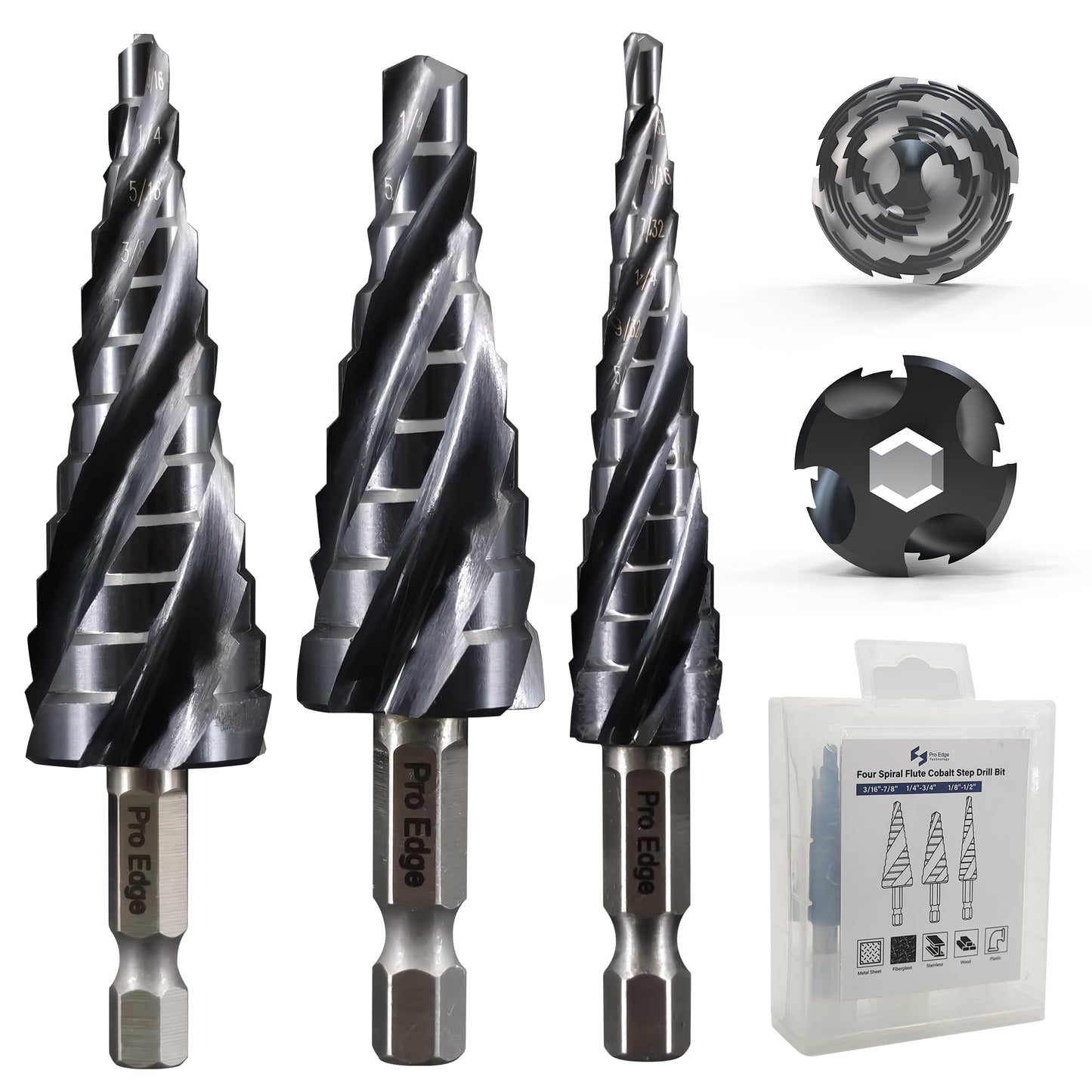 3 Pcs 1/8-7/8(34 Steps) Step Drill Bit Four Spiral Flute Cobalt Step Drill Bit Set Fully Coated TiAlN for Metal, Stainless Steel, Aluminum, Plastic, with 1/4 Hex Shank