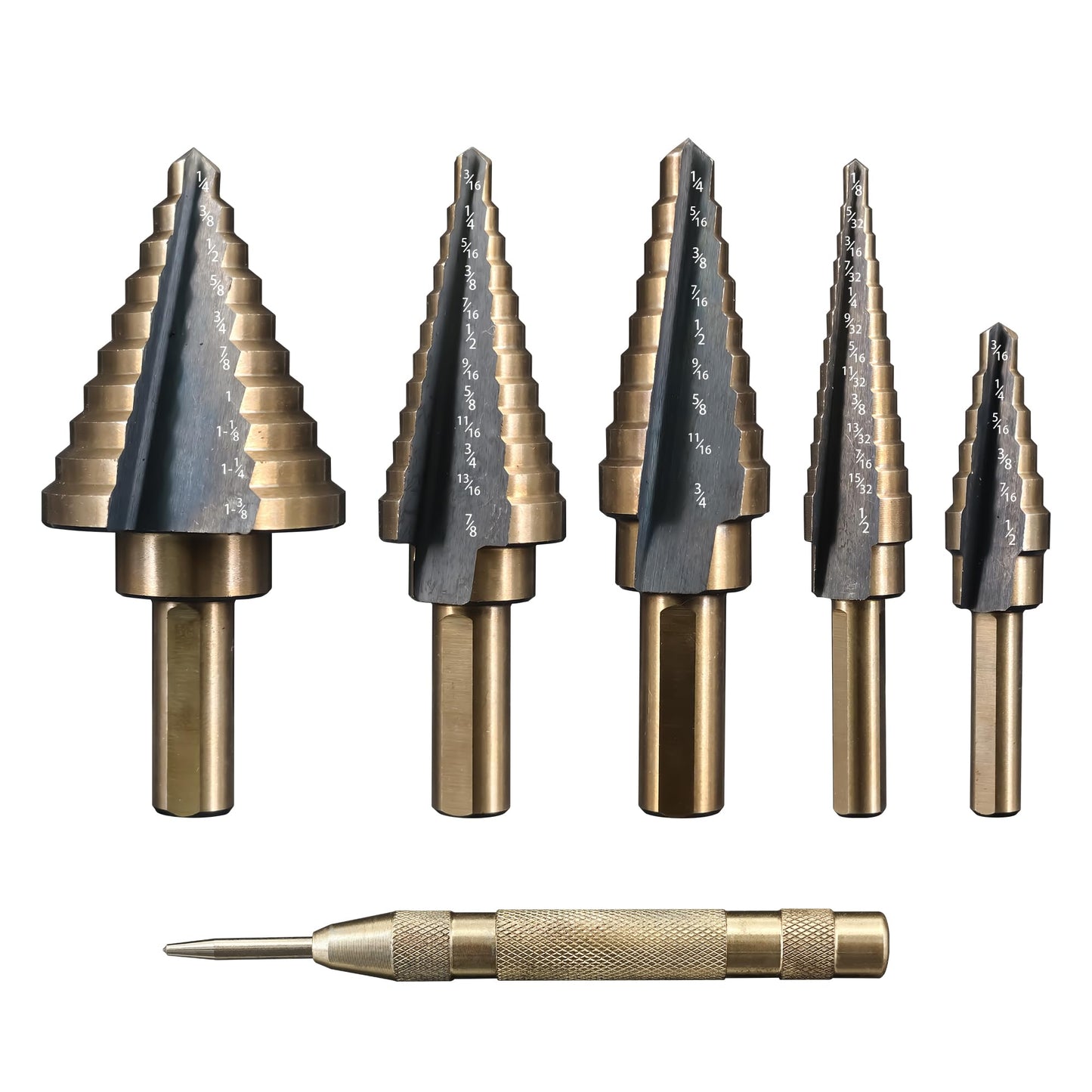 Pro-Edge 6pcs Step Drill Bits for Metal, 50 Sizes Step Drill Bit Set HSS Titanium-Coated with Center Punch for Aluminum, Wood, Plastic, with Aluminum Case