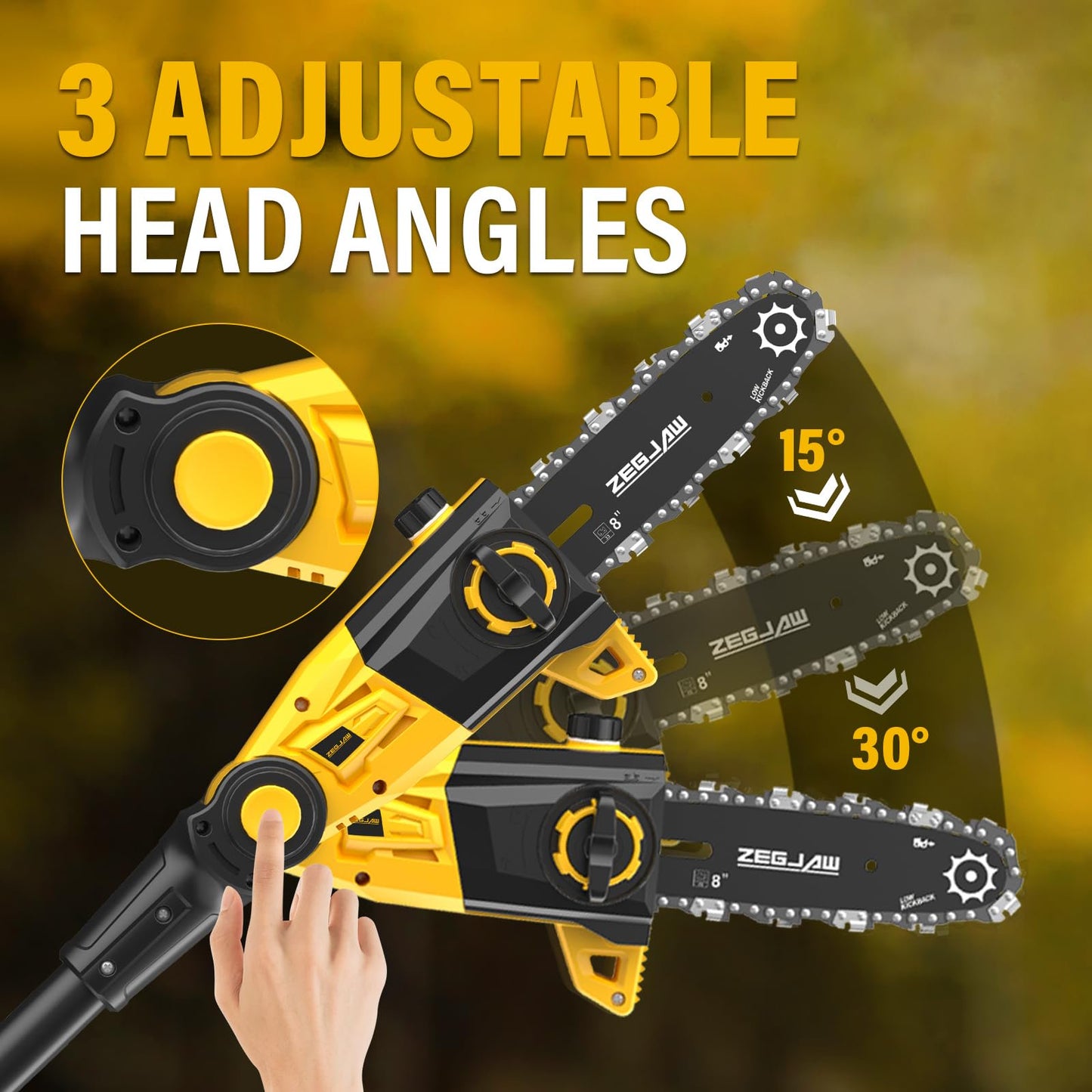 ZEGJAW Pole Saw, 8-Inch Pole Saw for Tree Trimming Cordless 15-FT Max Reach, Auto Oiling, Tool-Less Electric Pole Saw, Tree Trimmer with Battery & Fast Charger