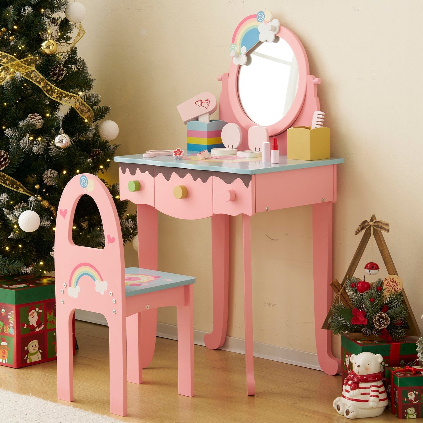 iYofe Kids Vanity Table and Chair Set with 7pcs Pretend Play Makeup Toys, Girls Vanity with Mirror & Stool, 3 Drawers & Tabletop Storage, Princess Dressing Table for Toddlers, Pink