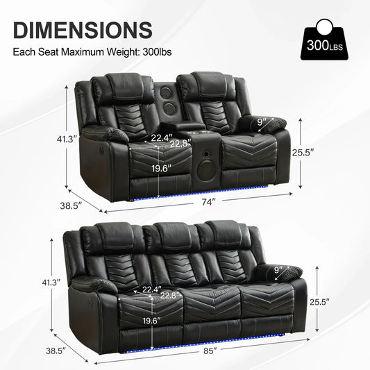 Othniel Power Recliner Sofa Set 5-Seater with Bass Speaker,Wireless Charger,LED Light Black