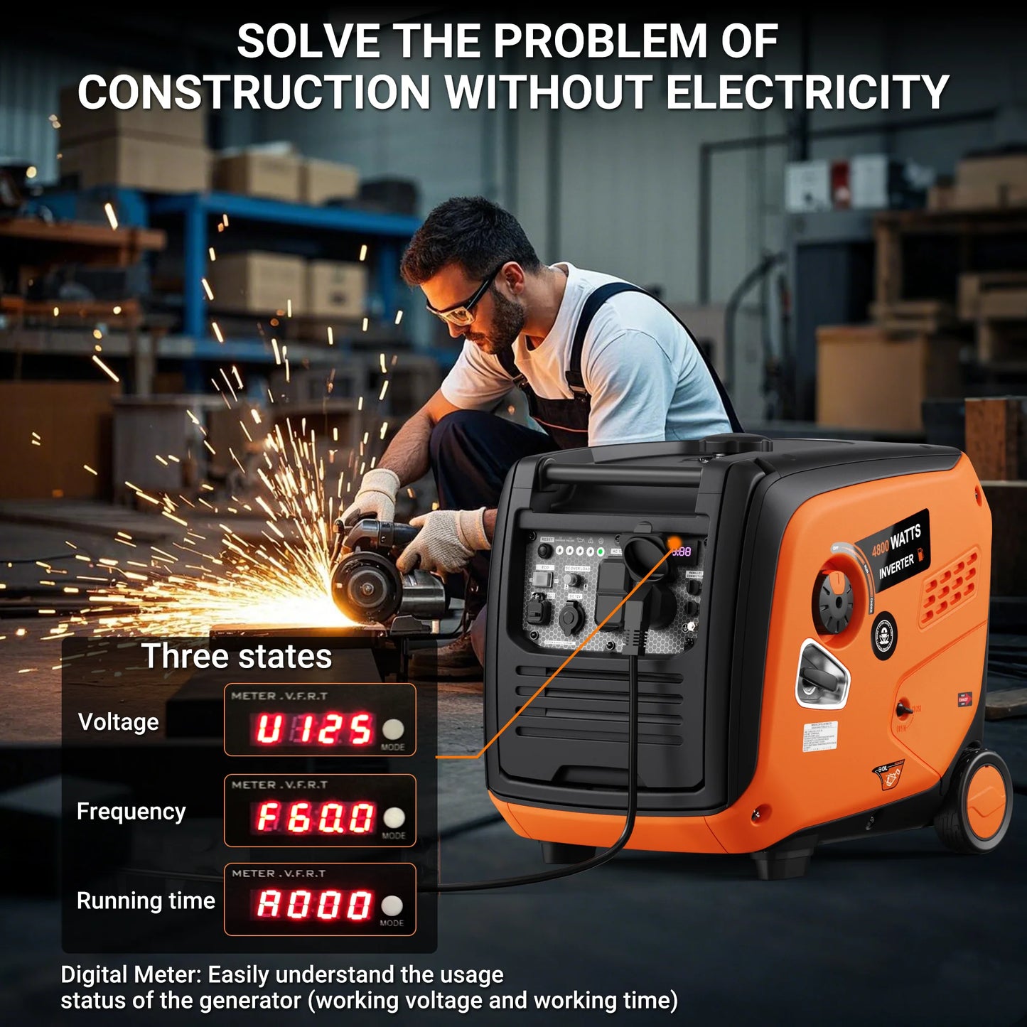 Efurden 4800 Watt Portable Inverter Generator Gas Powered with Wheels Handle Kit, CO Sensor, RV Ready, Low Noise for Home Backup and Outdoor