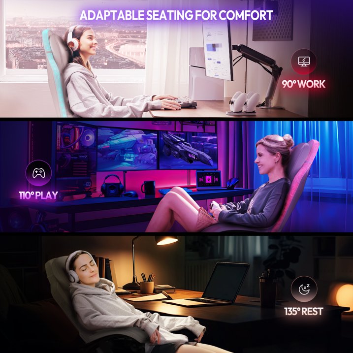 Dowinx RGB LED Gaming Chair with Massage Lumbar Support Footrest Ergonomic PU Leather Video Game Chair for Adults, White