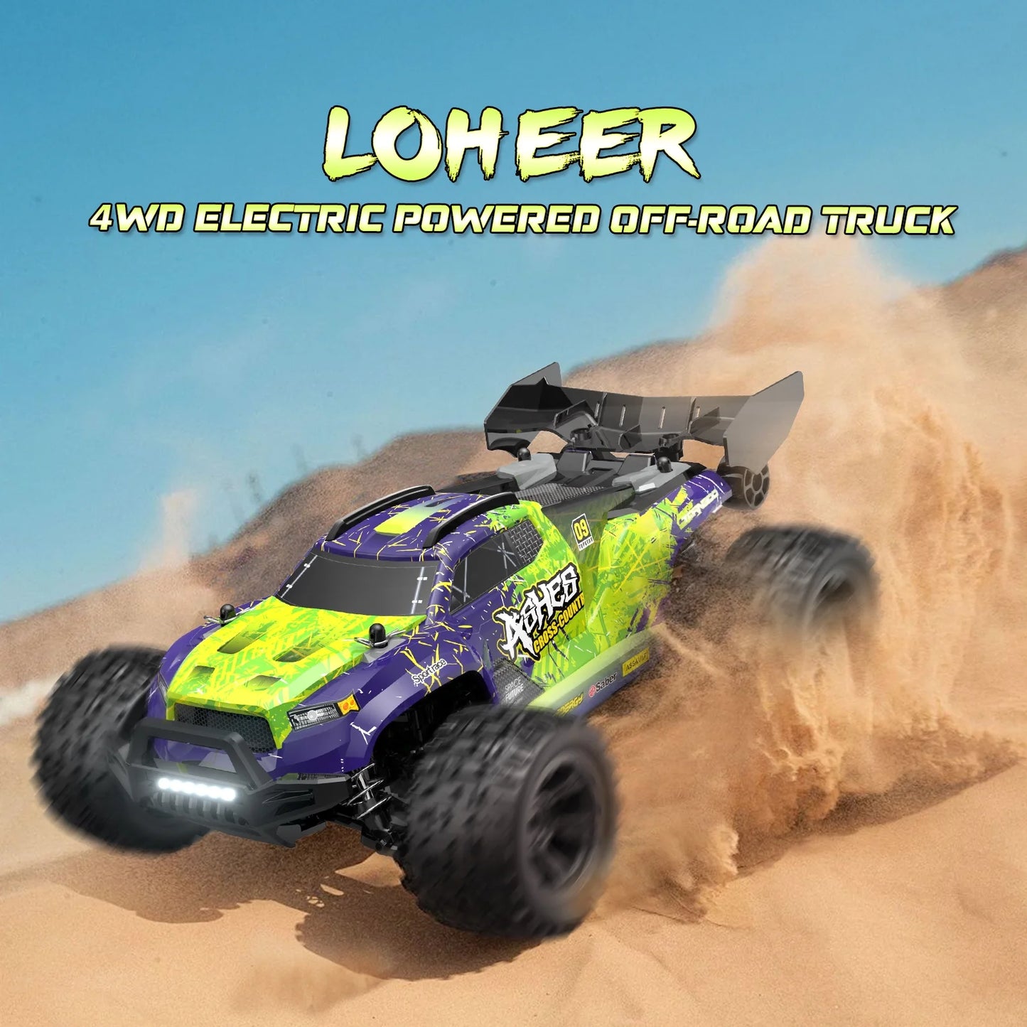 LOHEER 1:18 Fast RC Cars for Adults, 35+KM/H 4WD Off-Road RC Truck, Remote Control Monster Truck with 2 Batteries & LED, Perfect Gift for Adults & Kids Outdoor Terrain Racing