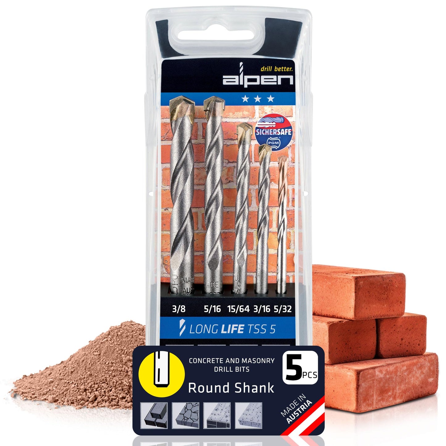 5 pcs Drill Bit Set Longlife for Stone, Masonry and Concrete - Versatile SDS-Plus Hammer Drill Bit Sets for PGM Certified Precision and Precise Dowel Holes (Cylindrical, 5 PCS)