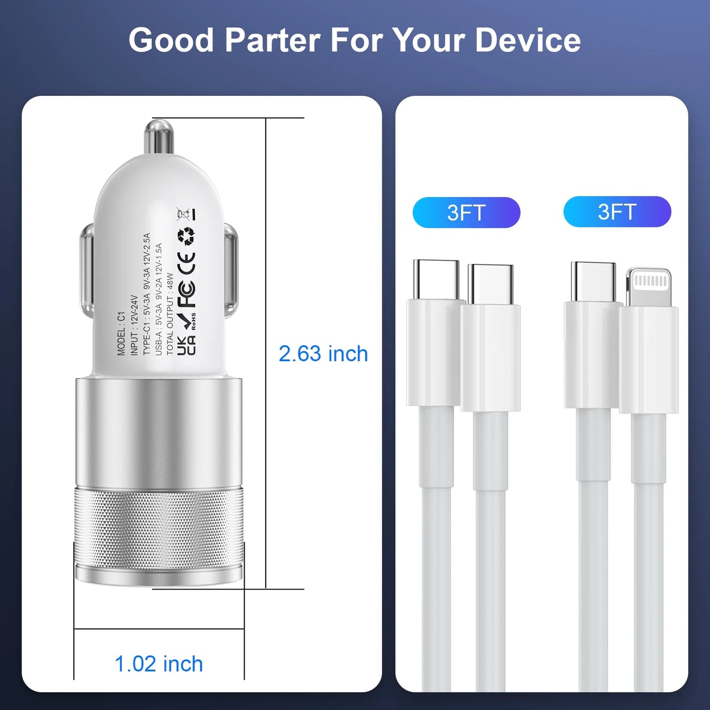 Car Charger, Quick Charging 48W 2-Port USB-C & USB-A Car Power Adapter PD/QC