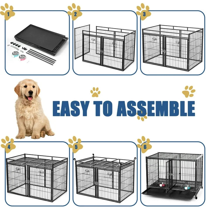 Suchown Heavy Duty Dog Crate 37 Inch Escape Proof Steel Cage for Small to Medium Dogs, Stackable Metal Kennel with Double Door, Lockable Wheels, Removable Tray Feeding Bowls, Indoor/Outdoor Use