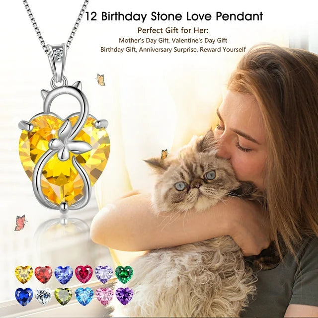 Juwaliy 15MM Women Cat Necklace Heart October Birthstone 925 Sterling Silver Pendant Pink Tourmaline Butterfly Jewelry Mother Gift