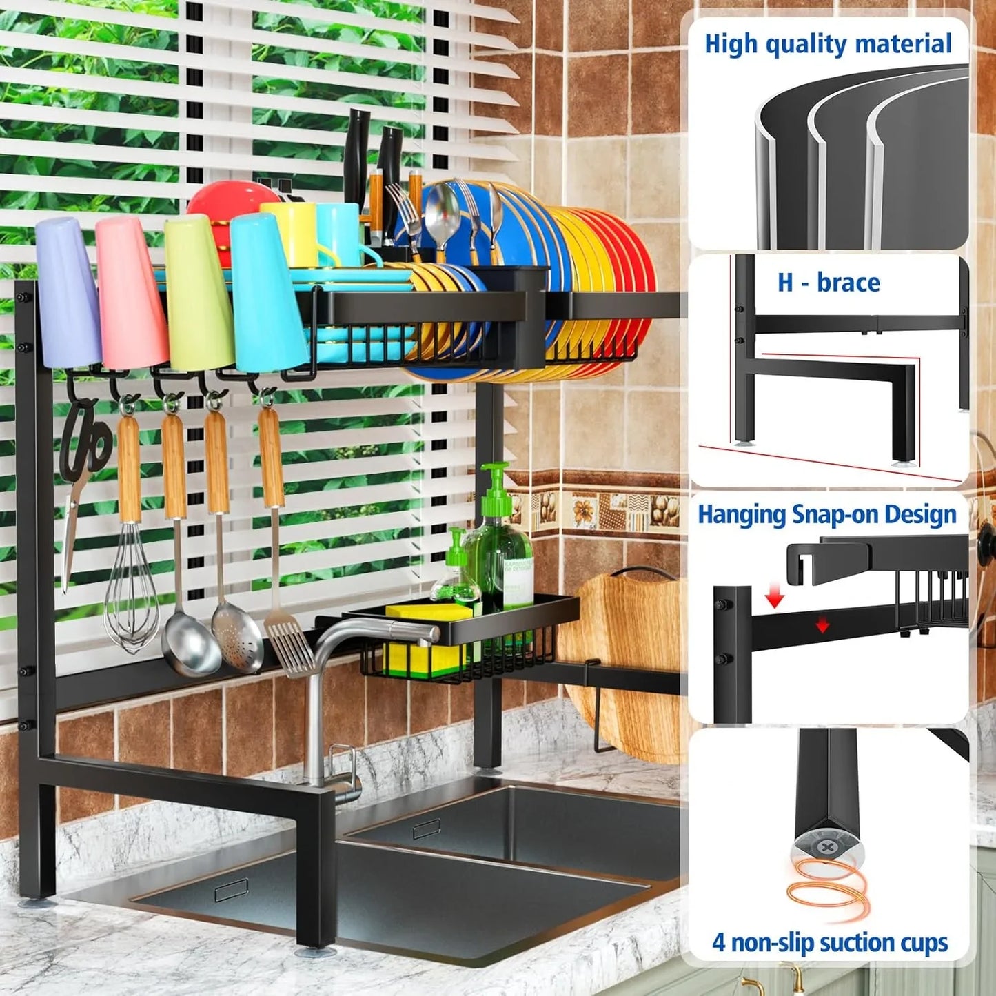 2-Tier Over The Sink Dish Drying Rack, Kitchen Large Dish Drying Rack Over The Sink, Suitable for Most Sinks, Effective Dish Drying, Kitchen Drying Rack(24.8"-35.4")