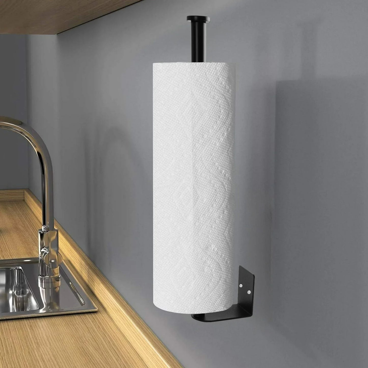 Aovky Paper Towel Holder Under Cabinet, 13.9 inch Self Adhesive Paper Towel Holder Wall Mount with 4 Hooks Stainless Steel Paper Towel Roll Rack for Kitchen Bathroom RV, Black