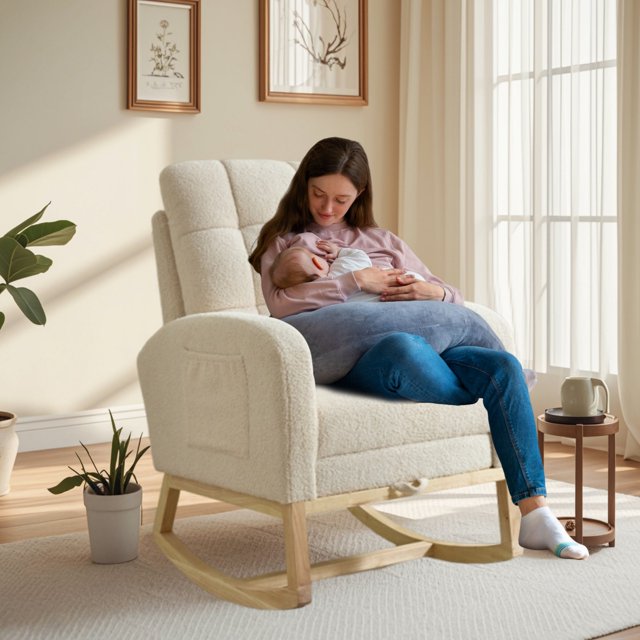 SENCHO GINSYTALIOR Modern Accent Rocking Chair with Solid Wood Legs, adjustable Footrest,Comfy Armchair with Side Pocket, Living Room Lounge Arm Chair with High Backrest(Beige)
